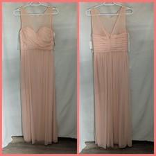 David’s Bridal Long Illusion Mesh Peach/Pink Gown Round Neckline V Back NEW Sz 8