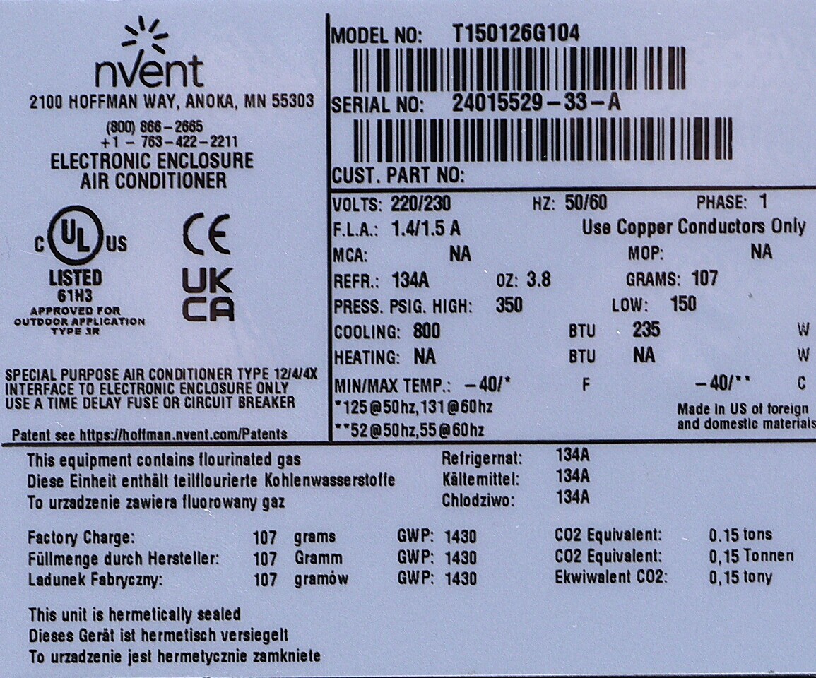 NEW NVENT HOFFMAN ENCLOSURES T150126G104 AIR CONDITIONER