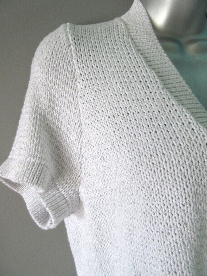 Suéter Peter Nygard Para Mujer L Blanco Plata Brillante Encogerse de hombros Cárdigan Top Glam Bling Foto 4 de 4