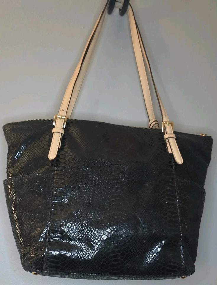 Michael Kors Shoulder Tote Bag Python Snake Embossed Zipper Black Tan Straps - Image 2 of 4