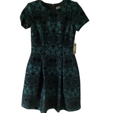 Vince Camuto Teal Black Damask Burnout Velvet Short Sleeve Fit Flare Dress Sz 8