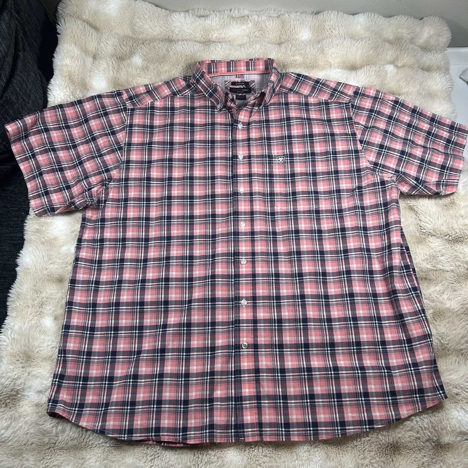 Ariat Pro Series Shirt Mens Pink Plaid Button Down Western Short Sleeve Size 2XL