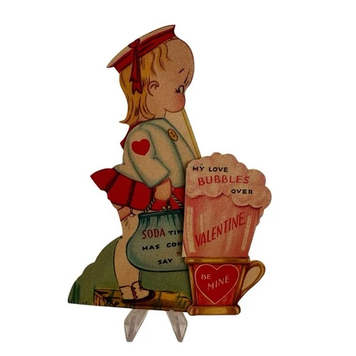 VTG 30s 40’s SODA TIME FOUNTAIN GIRL Love Be Mine Bubble Over Valentine Fold Out