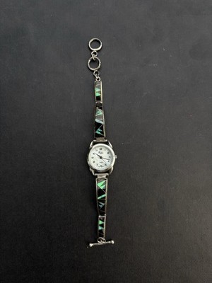 Vintage Navajo/Zuni Sterling Silver Opal And Onyx Slice Inlay Watch read cap