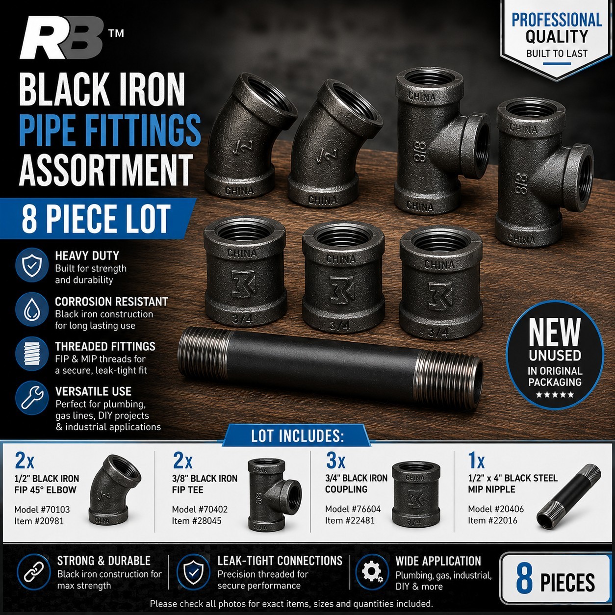 RB Black Iron Pipe Fittings Assortment Lot 8pc Tees Couplings Elbows Nipple