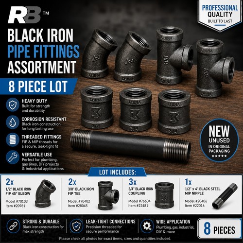 RB Black Iron Pipe Fittings Assortment Lot 8pc Tees Couplings Elbows Nipple