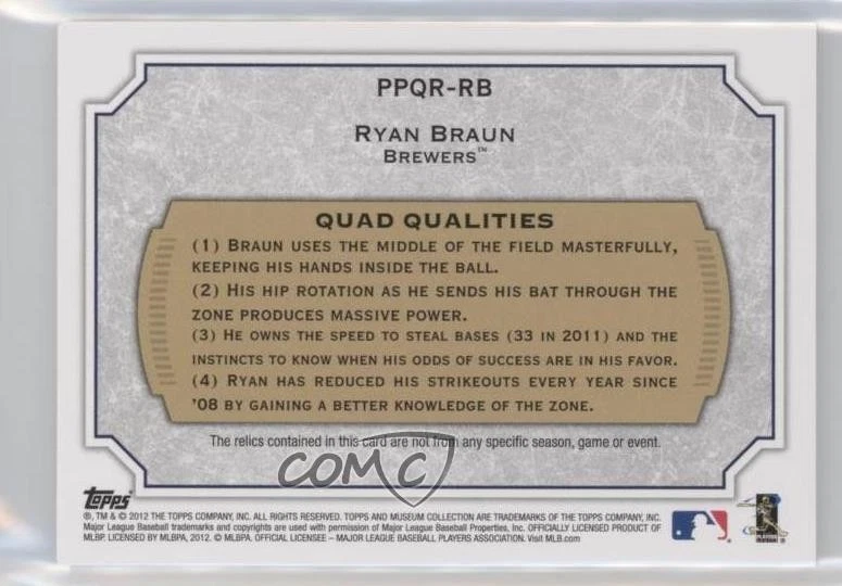 2012 Topps Museum Collection Primary Pieces Quad Relics Red /75 Ryan Braun - Image 2 of 2
