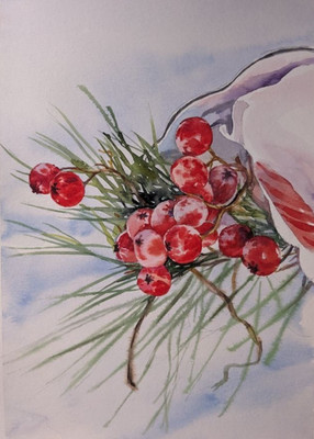 Ice Capped Berrie Red Cranberry Still Life Winter Watercolor Painting Snowy Art