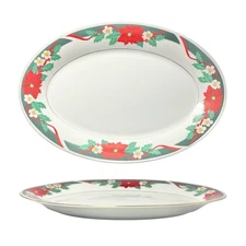 1980s Vintage Oval Porcelain Poinsettia Holly Christmas Serving Platter 14 3/8”