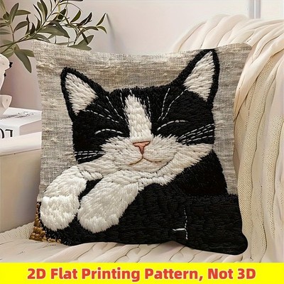 Black White Cat Pillow Cover Cushion Case for Cat Lovers for Bedroom Gift 18x18
