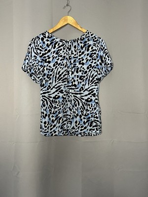 ICHI Animal Print Blouse Size M Blue Leopard Pattern EcoVero Viscose Puff Sleeve
