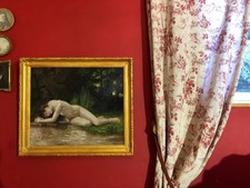Ancienne huile sur toile du XXe siècle représentant un nu féminin, cadre doré