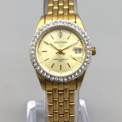 Vintage Waltham Watch Womens 24mm Gold Tone Crystals Date New