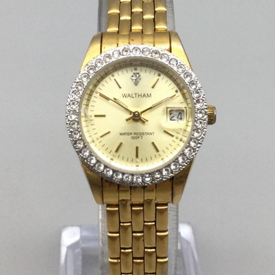 Vintage Waltham ladies gold tone diamond cocktail dress watch NEW BATTERY Waltham Watch Women Beautiful Flower Gold Tone Diamond Open  main image 2