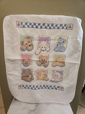 Vintage Bear Cross Stitch Hand Embroidered Baby Quilt Blanket 38" X 32" Vontage