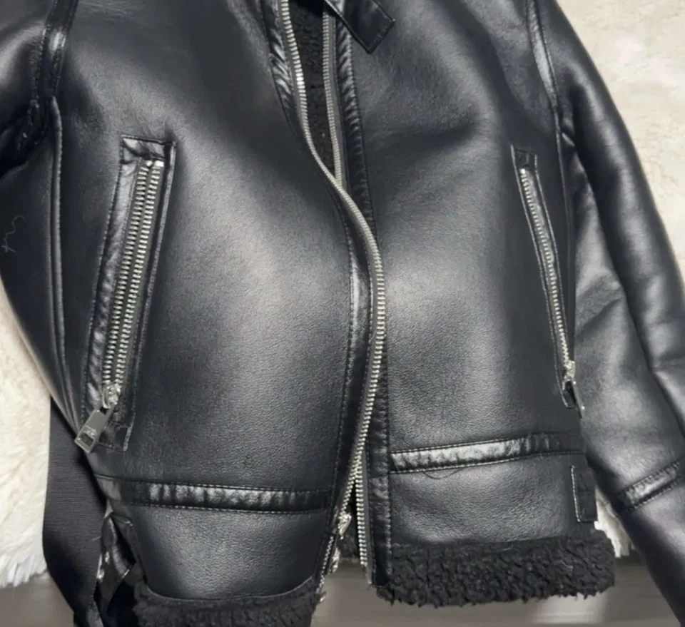 Michael Kors Leather Faux Fur Shearling Aviator Moto Jacket  Women’s Medium - Image 4 of 4