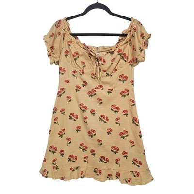 Urban Outfitters M Cherry Print Mini Dress Yellow Ruffle Cottagecore Whimsical