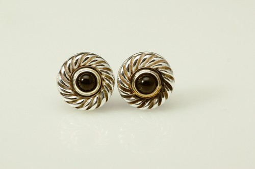 David Yurman 925 Sterling Silver 14K Yellow Gold Black Stone Stud 5.3g (EAR5631) - Picture 3 of 12