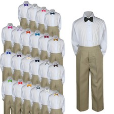 3pc Boy Baby Toddler Kid Formal White Shirt KHAKI Pants Pick Color Bow Tie S-7