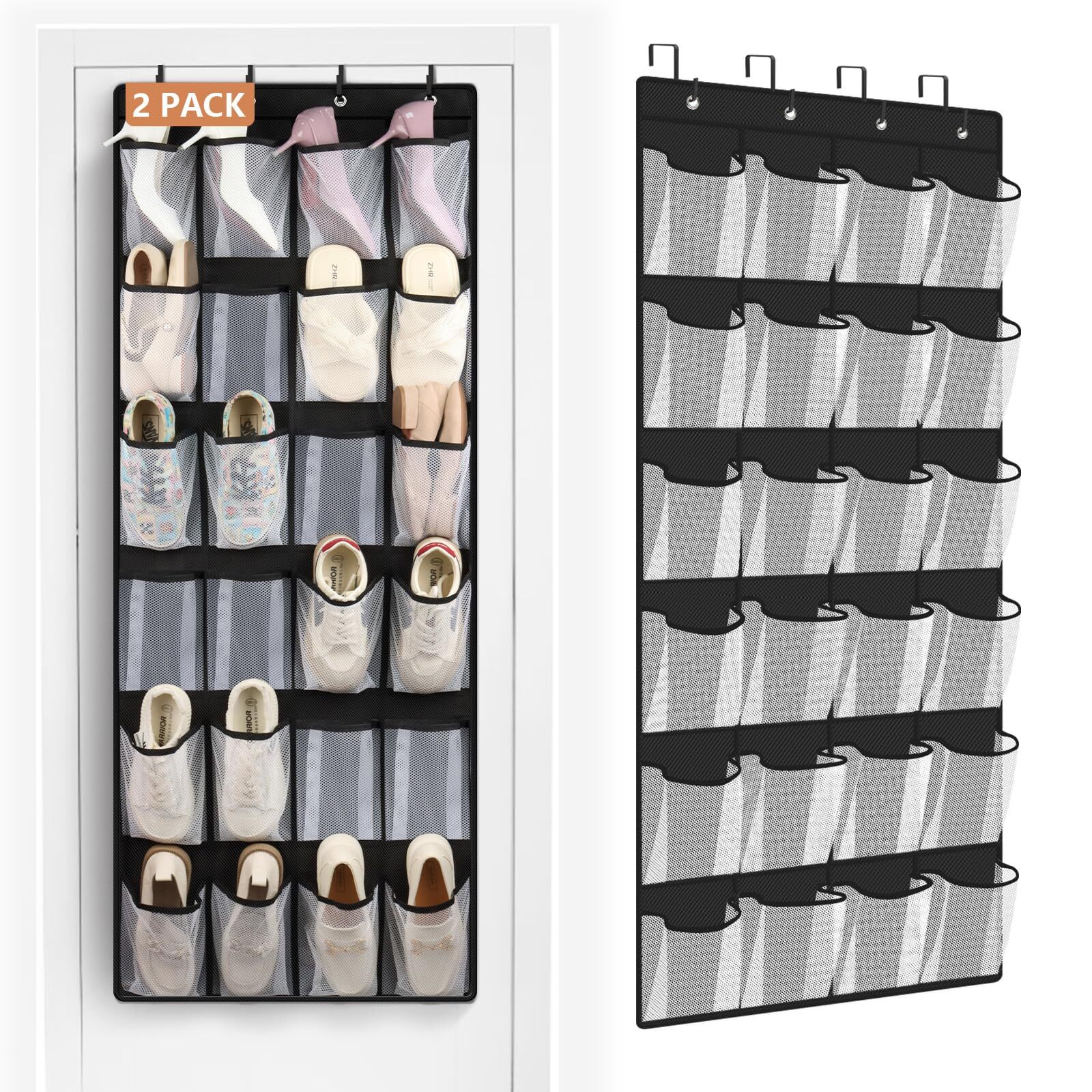 2 Pack Over Door Black Mesh Shoe Organizer with 24 Pockets-image