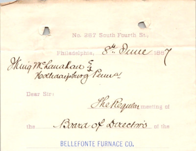 1887 BELLAFONTE FURNACE CO BOARD OF DIRECTORS MEETING INVITE PHILADELPHIA BL122