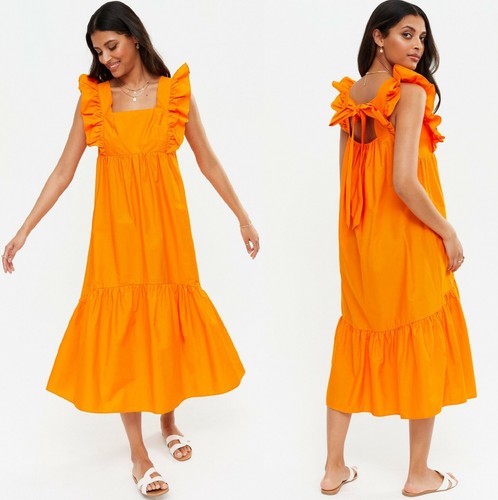 NEW LOOK Orange COTTON Poplin Tie Back Bow Midi Smock Summer Dress size 12  Frill | eBay