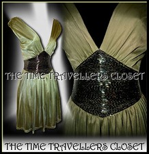 Kate Moss Topshop Silky Olive Green Embellished Beaded Corset Dress UK 12 40 8
