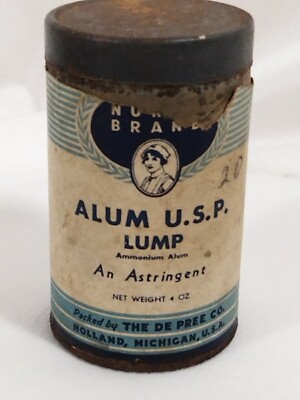 Vintage ALUM USP LUMP Nurse Brand Holland Michigan Container Bottle w/ Contents