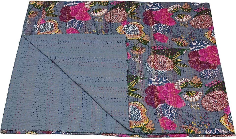 Colcha edredón Kantha con estampado de frutas gris reina hecha a mano manta funda de cama Foto 3 de 4
