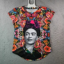 Frida Kahlo Tee T-Shirt Women Medium Colorful Floral Print Cap Sleeve