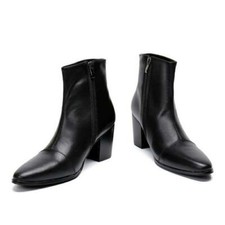 Mens Leather Dress Boots Pointed Toe Cuban 2.73inch High Heel Side Zip Fashion S