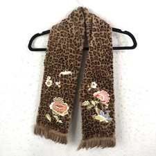 Notari Scarf Cheetah Print Fur Fringe Embroidery Floral Art to Wear Boho