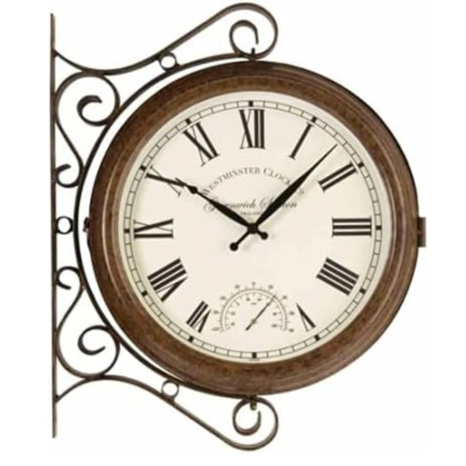 15" Greenwich Double Sided Station Clock & Thermometer Outdoor Indoor Wall Mount - Image 4 of 4