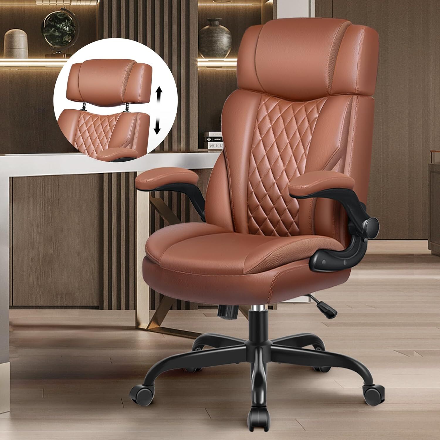 Executive Leather Office Chair Ergonomic Desk Ch... Office Chair Flip Up Arms
