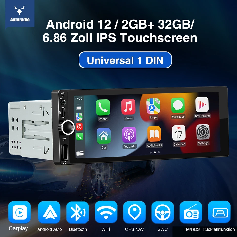 DAB+ Carplay 1 DIN Android 13 Autoradio Mit Bluetooth GPS Nav RDS WIFI SWC +Kam - Bild 4 von 4