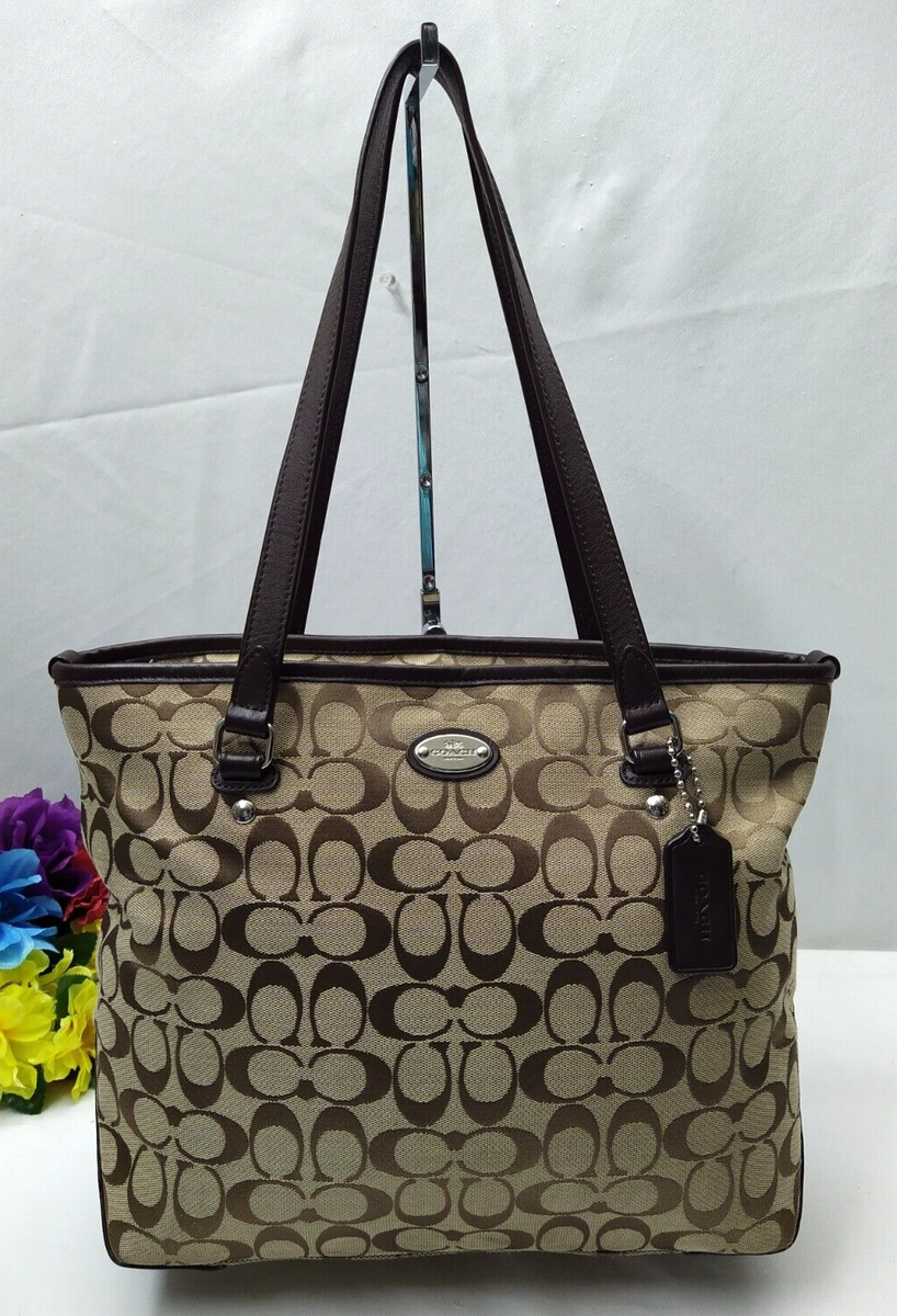 Coach Signature C Brown Canvas Leather Trim Zipper Closure Tote