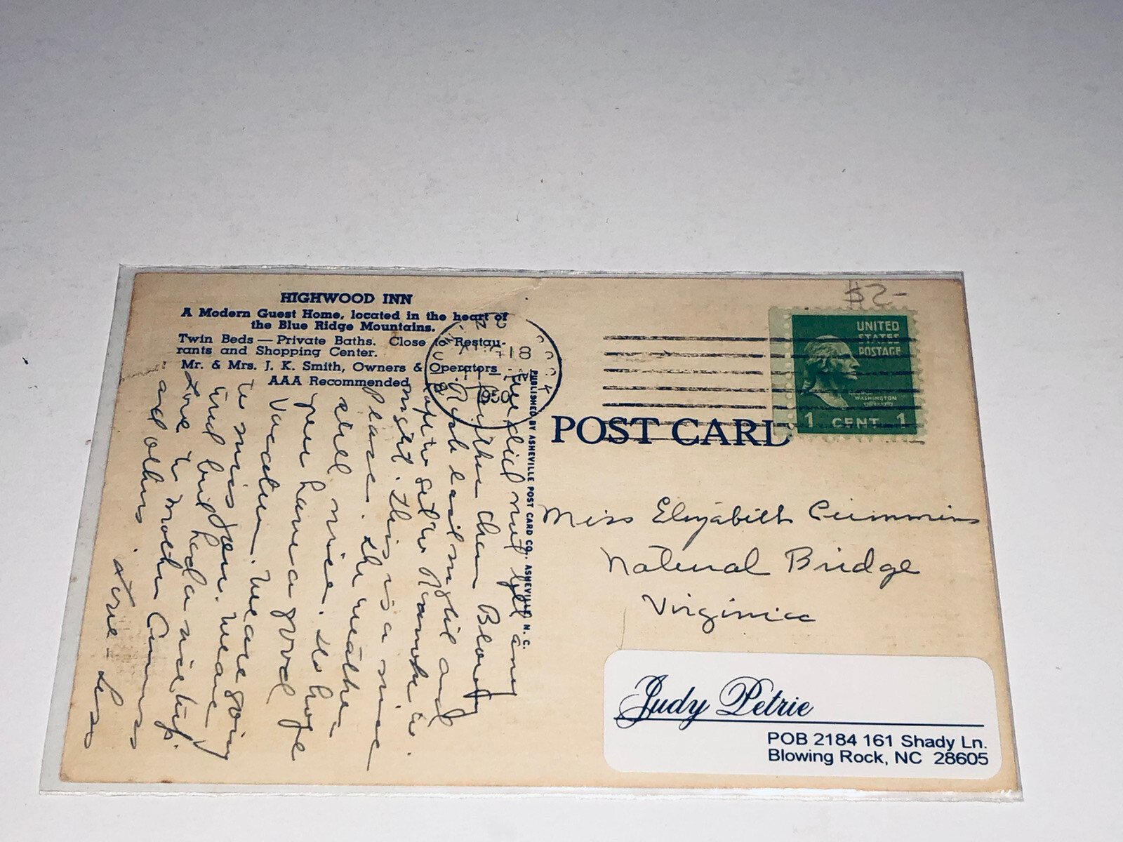 Highwood Inn Hotel Blowing Rock North Carolina Linen Postcard E102