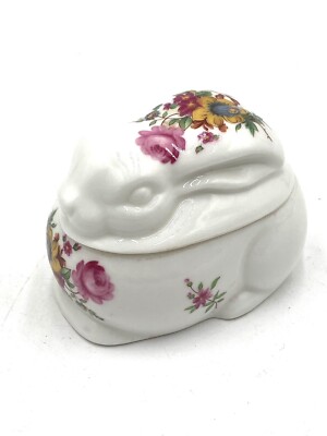 Brinton Ceramic Bunny Rabbit Trinket Box White with Multicolor Floral Vintage