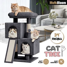 34" Cat Tree Tower Scratching Board Posts Multi Level Indoor Activity Smoky Gray