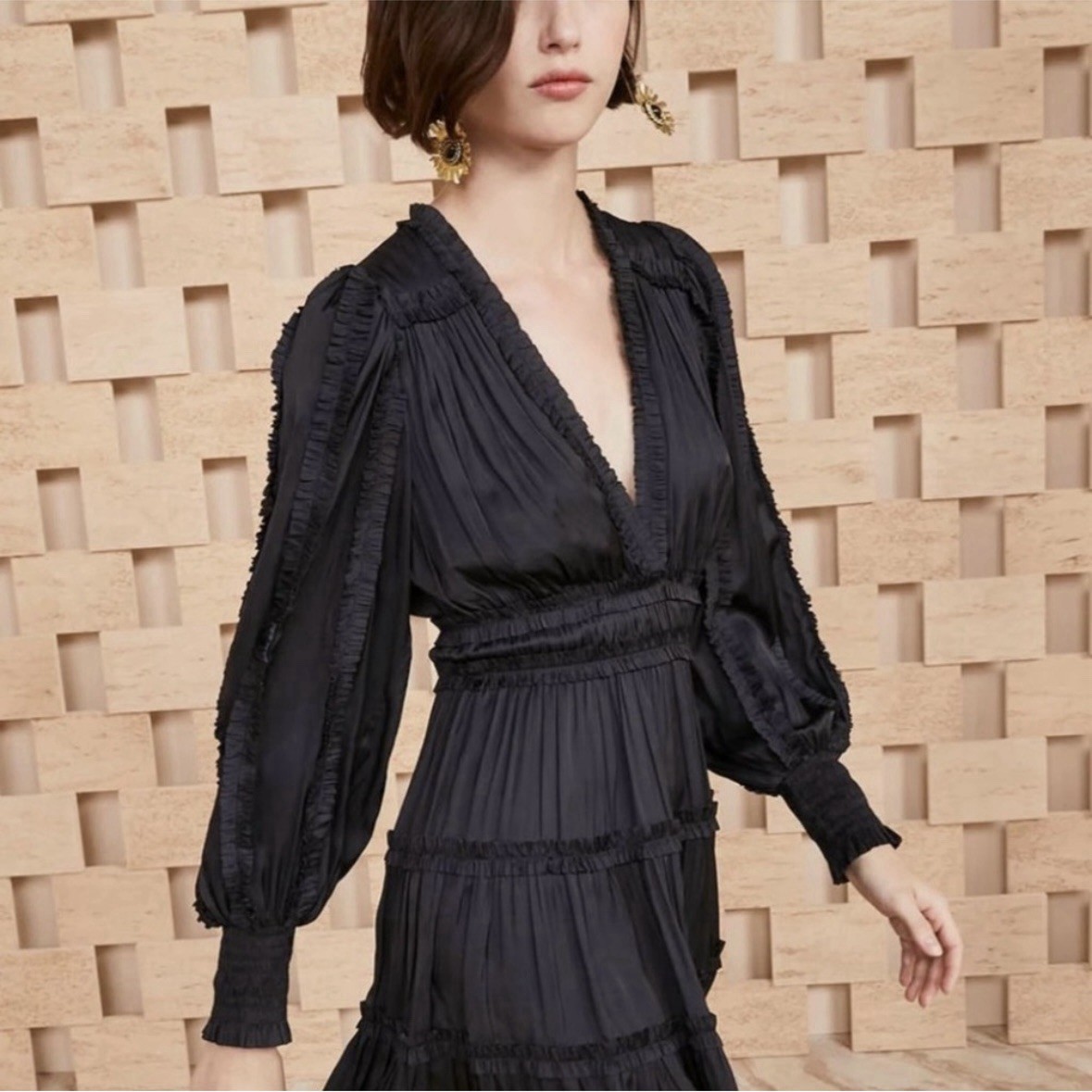 Vestido Ulla Johnson Amara Negro Plisado Satén Mini Vestido Talla 4 Pequeño Volantes