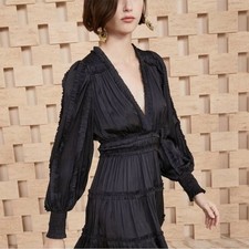 Ulla Johnson Amara Dress Noir Black Plisse Satin Mini Dress Size 4 Small Ruffle