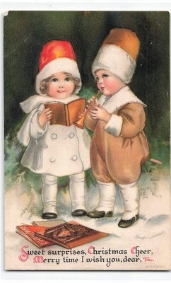 Early 1900's Singed Clapsaddle Christmas Postcard, Children Playing Music