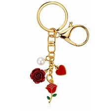 Rose Bag Charm Keychain Gold Red Flower Pendant with Pearls