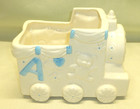 Vintage Ceramic Baby Nursery Planter Vase Train White with Blue 1980's floral — photo 3