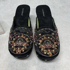 Vintage Bamboo Wooden/satin Clogs Beaded Embroidery Boho Size 8.5 Cloggy
