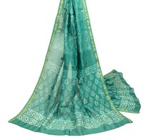 Sushila Vintage Teal Green Dupatta Pure Cotton Silk Floral Hand Block Long Stole