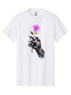 Robot-Hand-Holding-Flower-1 Mens Graphic Tee, 100% Cotton, Casual Summer Wear