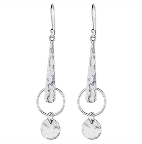 925 Sterling Silver Hammered Dangle Earrings Hoop Disc Drop Lightweight New