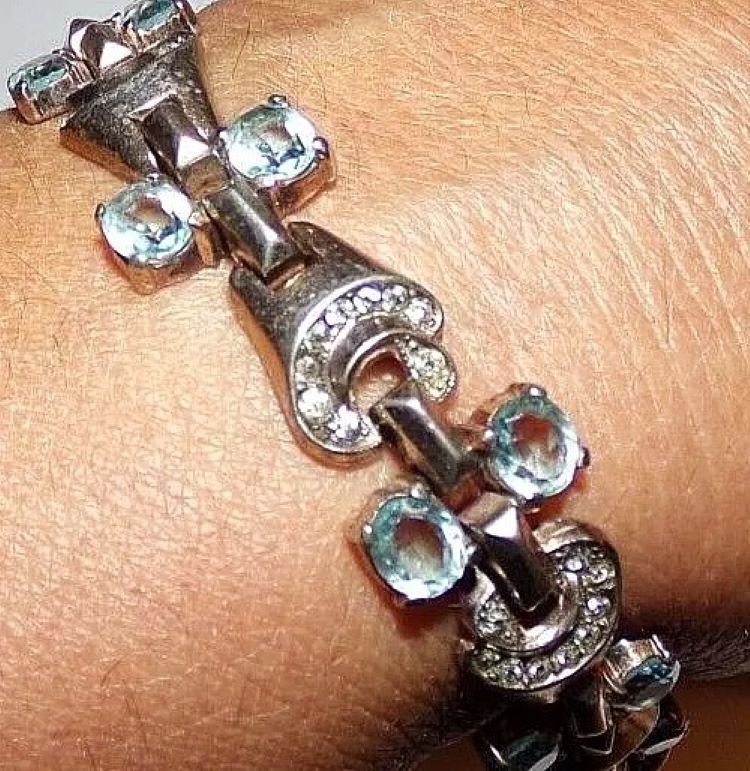 TRIFARI Sterling Alfred Philippe Deco Aquamarine & Pavé Rhinestone Link Bracelet
