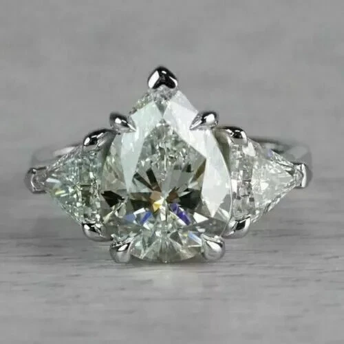 4.00 Ct Certified Pear Shape Natural White Diamond Ring VVS1 White Gold Finish